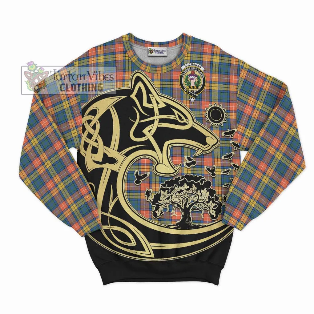 Buchanan Ancient Tartan Sweatshirt with Family Crest Celtic Wolf Style