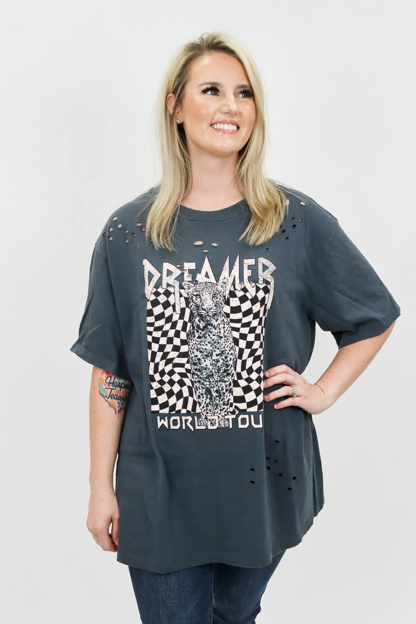 Checkered Dreamer Leopard Graphic Tee