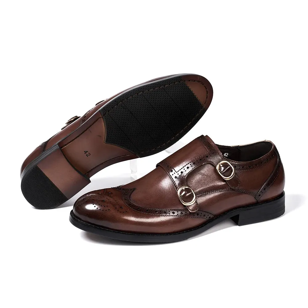 Classic Double Buckle Leather Monk Shoes