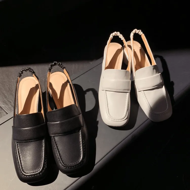 Cow Leather Block Heel Sandals Slingback Loafers in Beige/Black