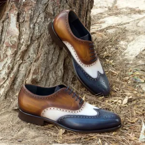 DapperFam Aeron in Denim / White / Cognac Men's Italian Leather & Hand-Painted Patina Full Brogue