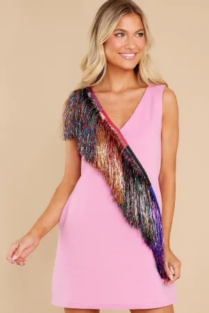 Diagonal Metallic Pink Fringe Dress