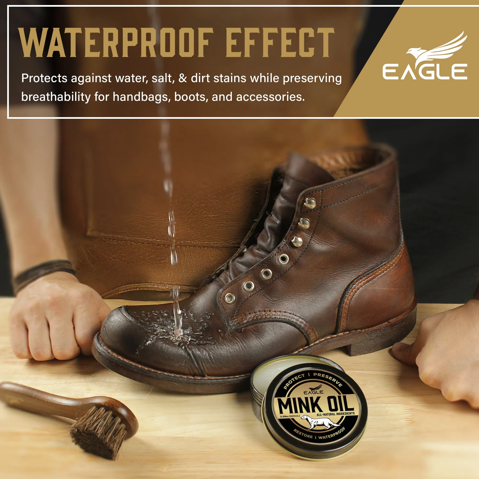 Eagle 4 Piece Mink Oil for Leather Boots Leather Conditioner & Cleaner 3.52oz - Waterproof, Soften, Clean, & Restore Boots, Shoes, Jackets, Bags, Accessories- Includes Cloth & Applicator