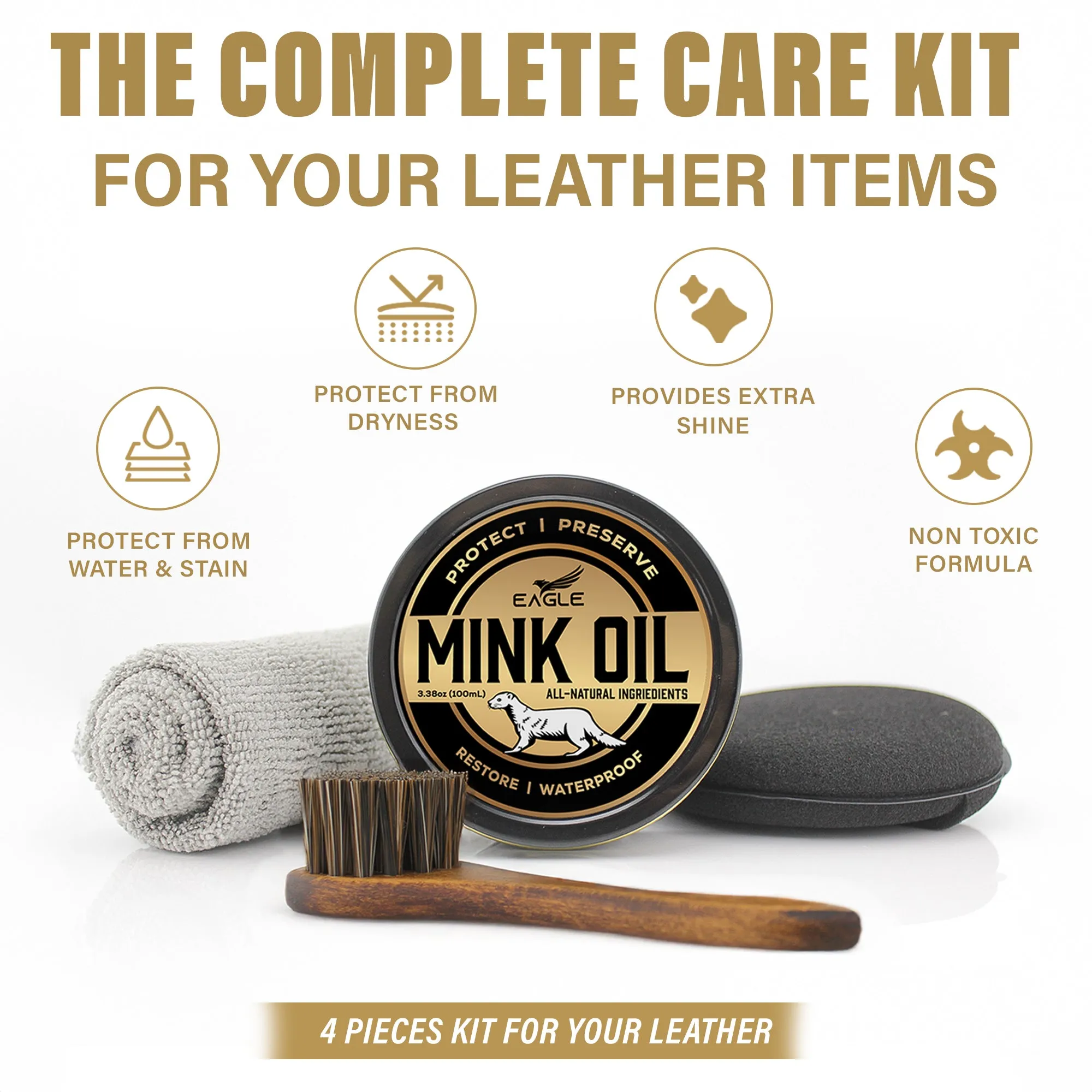 Eagle 4 Piece Mink Oil for Leather Boots Leather Conditioner & Cleaner 3.52oz - Waterproof, Soften, Clean, & Restore Boots, Shoes, Jackets, Bags, Accessories- Includes Cloth & Applicator