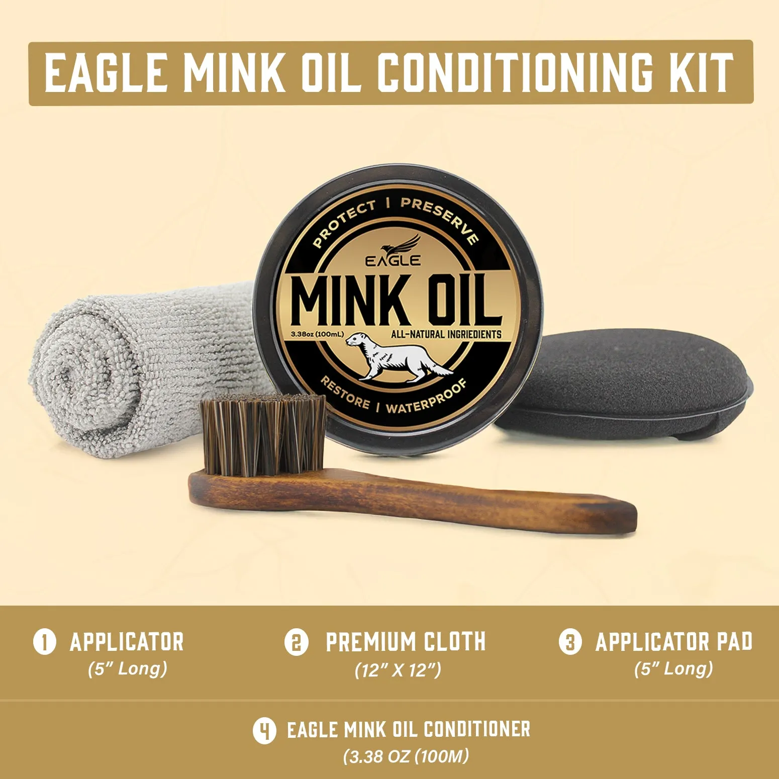 Eagle 4 Piece Mink Oil for Leather Boots Leather Conditioner & Cleaner 3.52oz - Waterproof, Soften, Clean, & Restore Boots, Shoes, Jackets, Bags, Accessories- Includes Cloth & Applicator