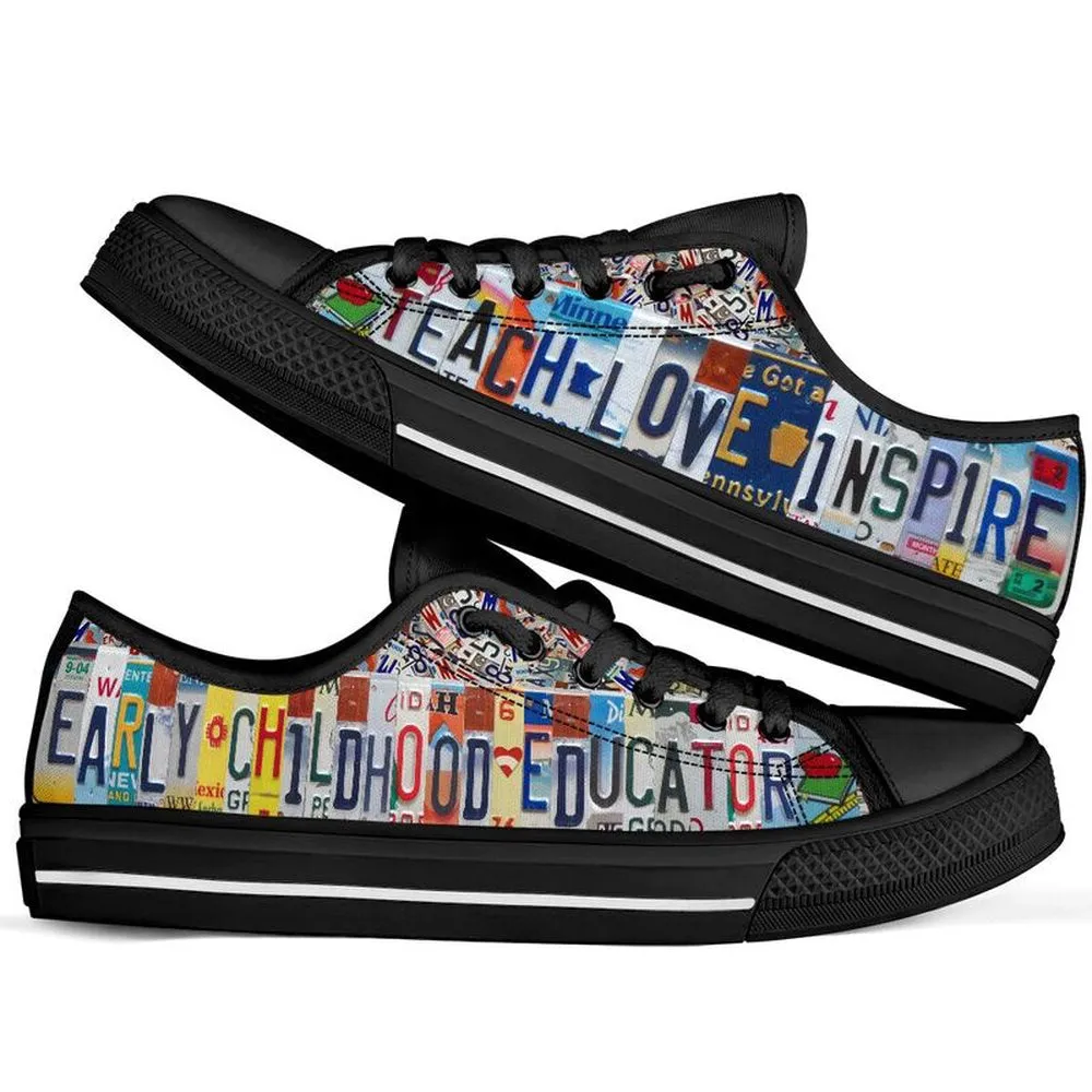 Early Childhood Education License Plates Low Top Black Shoes, Teacher Shoes, Low Top Sneakers