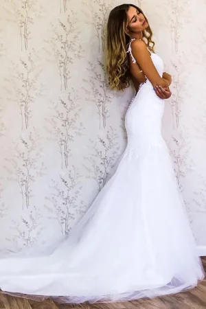 Elegant Straps Mermaid White Long Wedding Dress Bridal Gown WD209