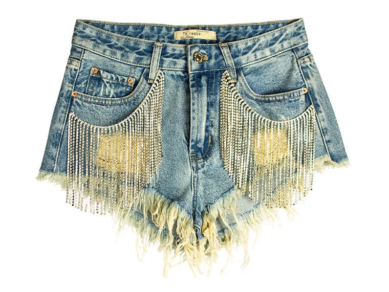 Fringe Drill Chain Denim Shorts