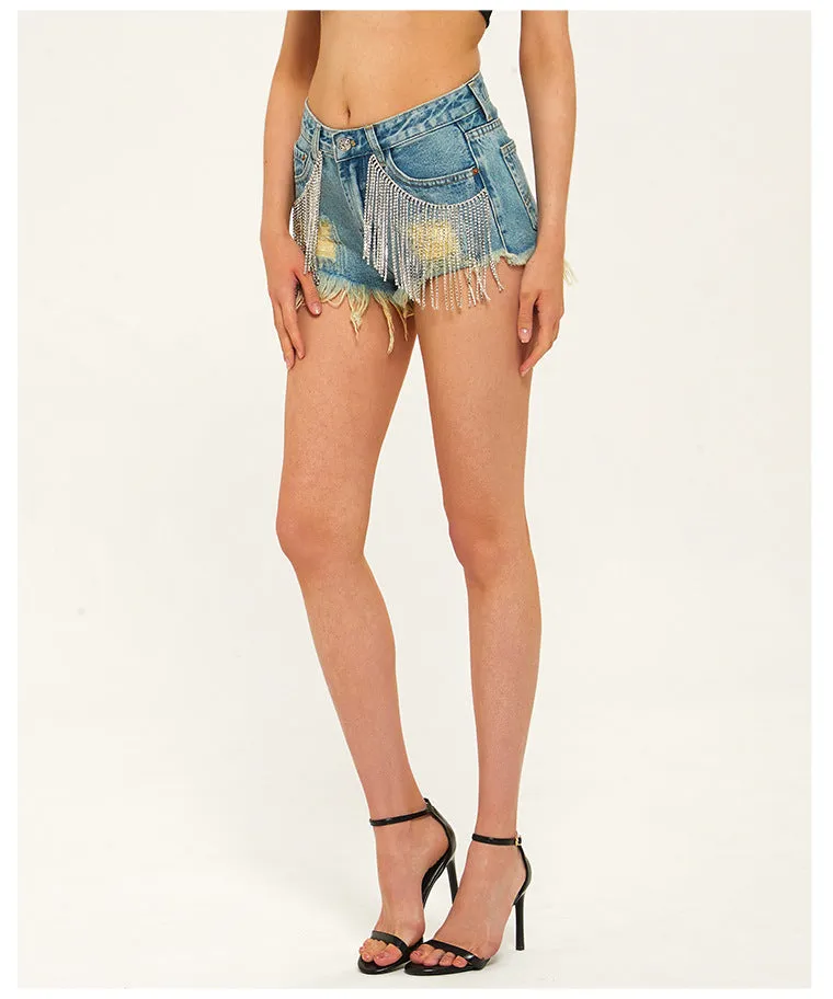 Fringe Drill Chain Denim Shorts