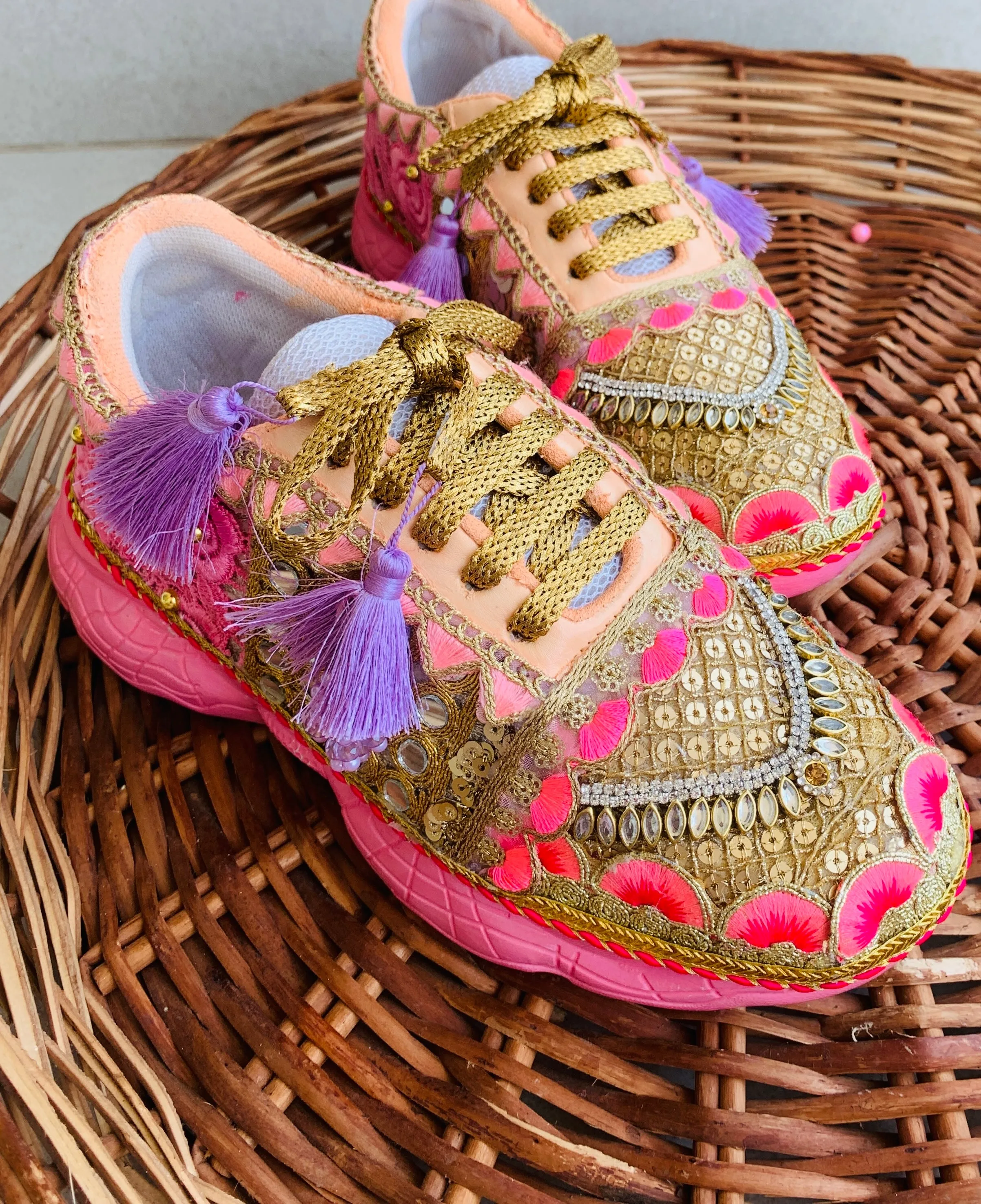 FUNKY N TRENDY pink sneakers for brides /bridesmaids / sneakers for bridesmaids/ handcrafted sneakers/ pink and gold sneakers / bridal sneakers / bridesmaid sneakers/ gold sneakers / pink sneakers