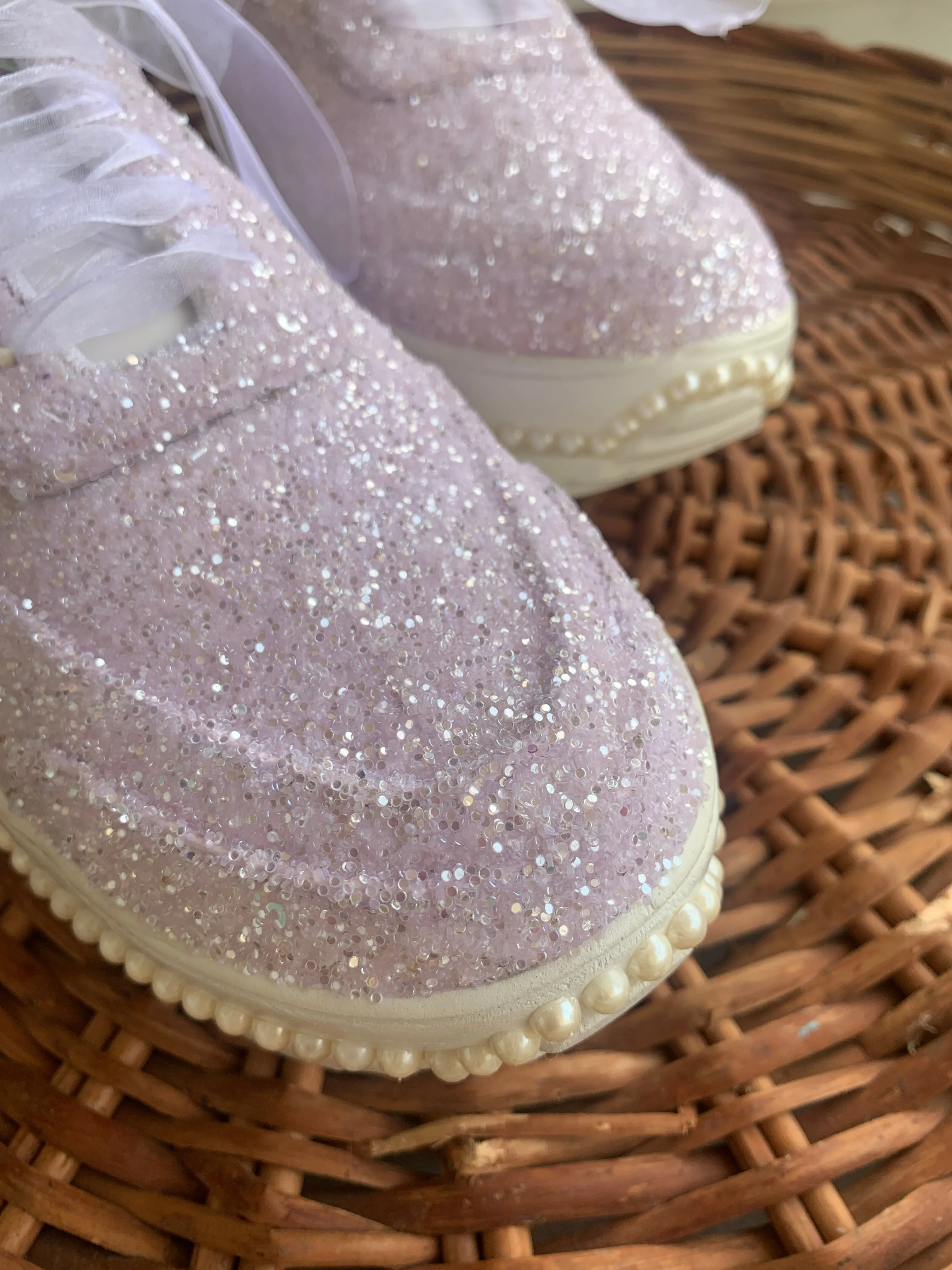 FUNKY N TRENDY purple glitter heeled sneakers with pearl detailing for brides /bridesmaids / sneakers for bridesmaids/ handcrafted sneakers/ glitter sneakers / bridal sneakers / bridesmaid sneakers/ lilac sneakers / lavender shoes