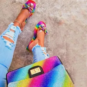 Glittering Gem Bowknot Trim Rainbow Print Square Toe Slippers - Colorful