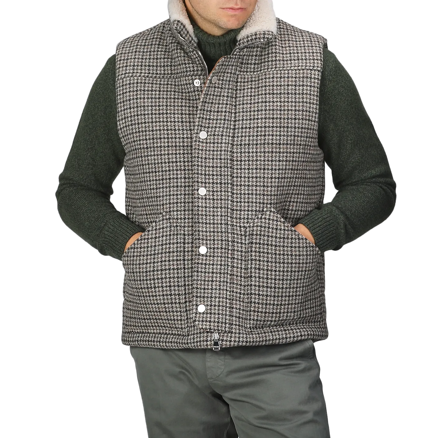 Green Houndstooth Wool Tweed Padded Gilet