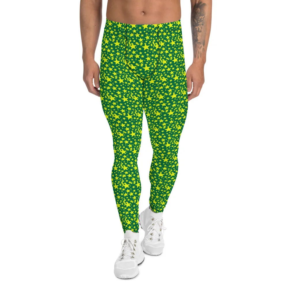 Green Yellow Stars Meggings, Designer Starry Night Men's Leggings Tights-Made in USA/EU