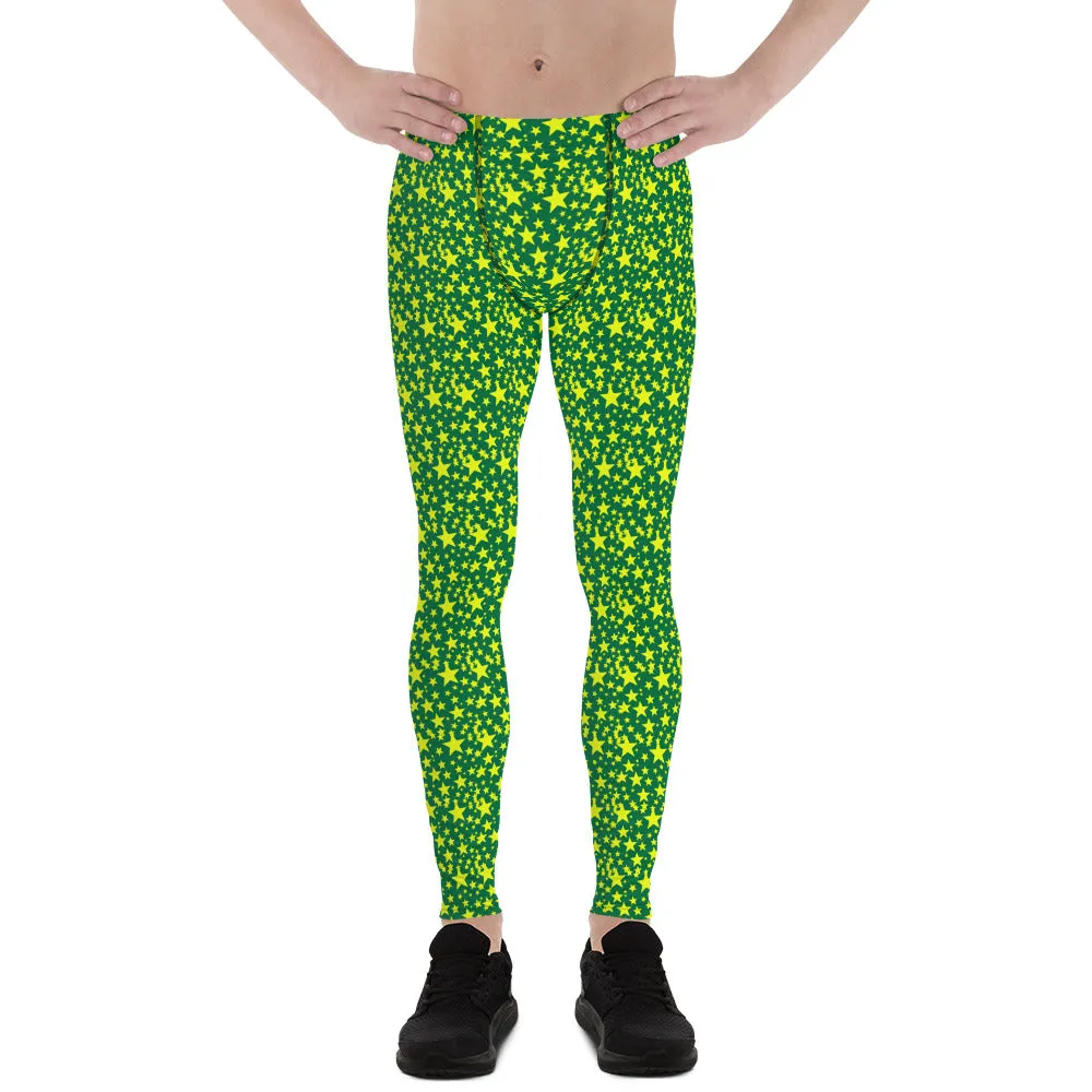 Green Yellow Stars Meggings, Designer Starry Night Men's Leggings Tights-Made in USA/EU