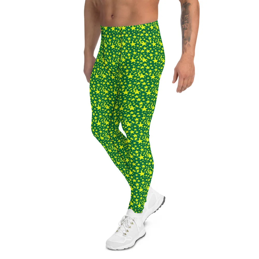 Green Yellow Stars Meggings, Designer Starry Night Men's Leggings Tights-Made in USA/EU