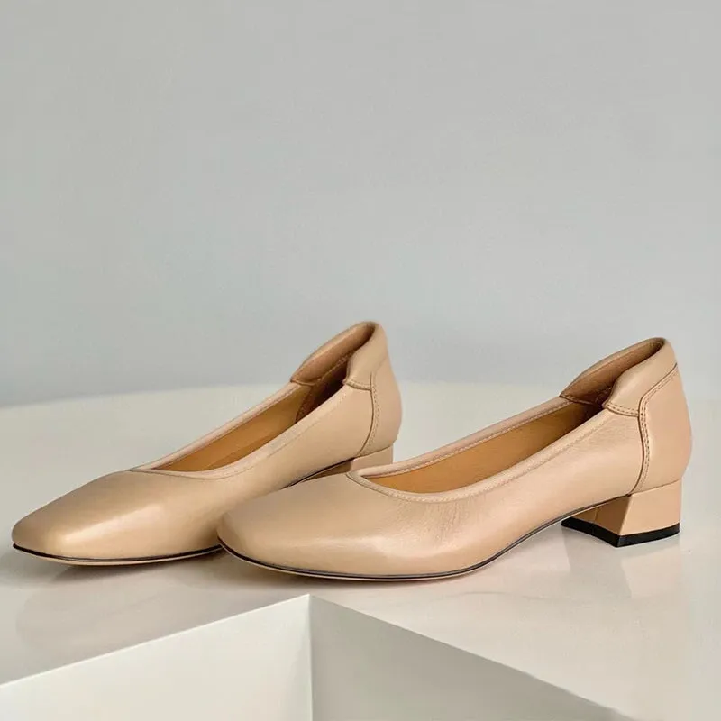 Handmade Genuine Leather Pumps In Nude/Black/Gray Fashion Style Block Heels