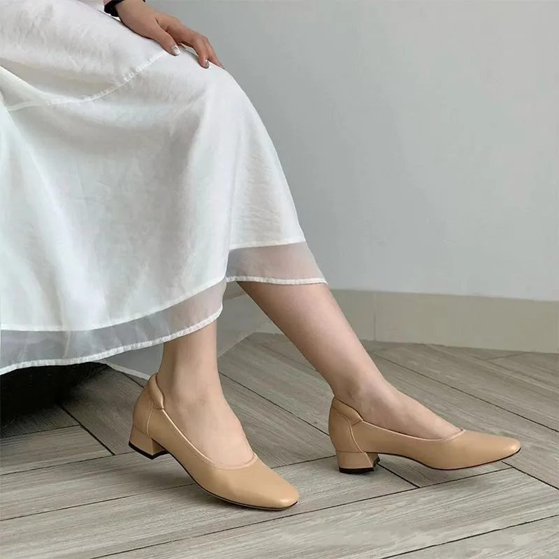 Handmade Genuine Leather Pumps In Nude/Black/Gray Fashion Style Block Heels