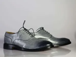 Handmade Men's Silver Brogue Toe Leather Lace Up Shoes