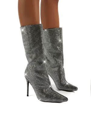 Hustler Black Diamante Detail Knee High Stiletto Heeled Boots