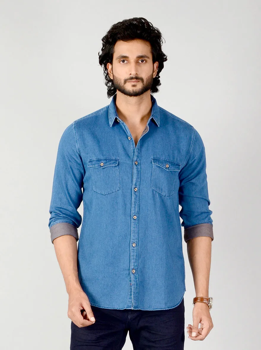 Indigo Blue Solid Slim Fit Casual Shirt | JadeBlue