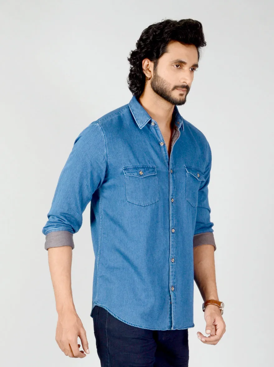 Indigo Blue Solid Slim Fit Casual Shirt | JadeBlue