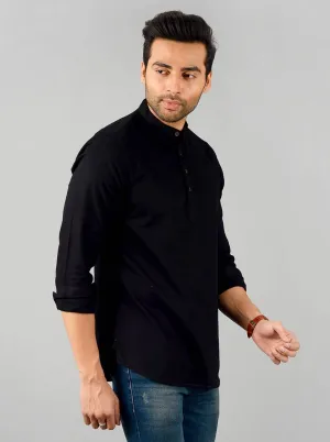 Jet Black Solid Slim Fit Short Kurta | JadeBlue