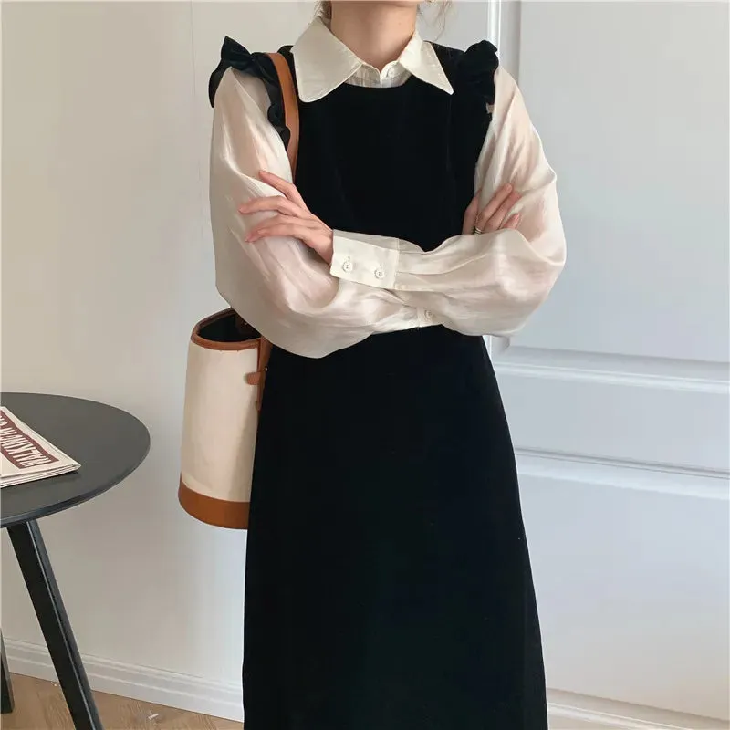 Joskaa 2024 New Women Spring Autumn Dresses Fashionable Elegant High Waist Vintage  Korean Style Velvet Sleeveless Long Dress