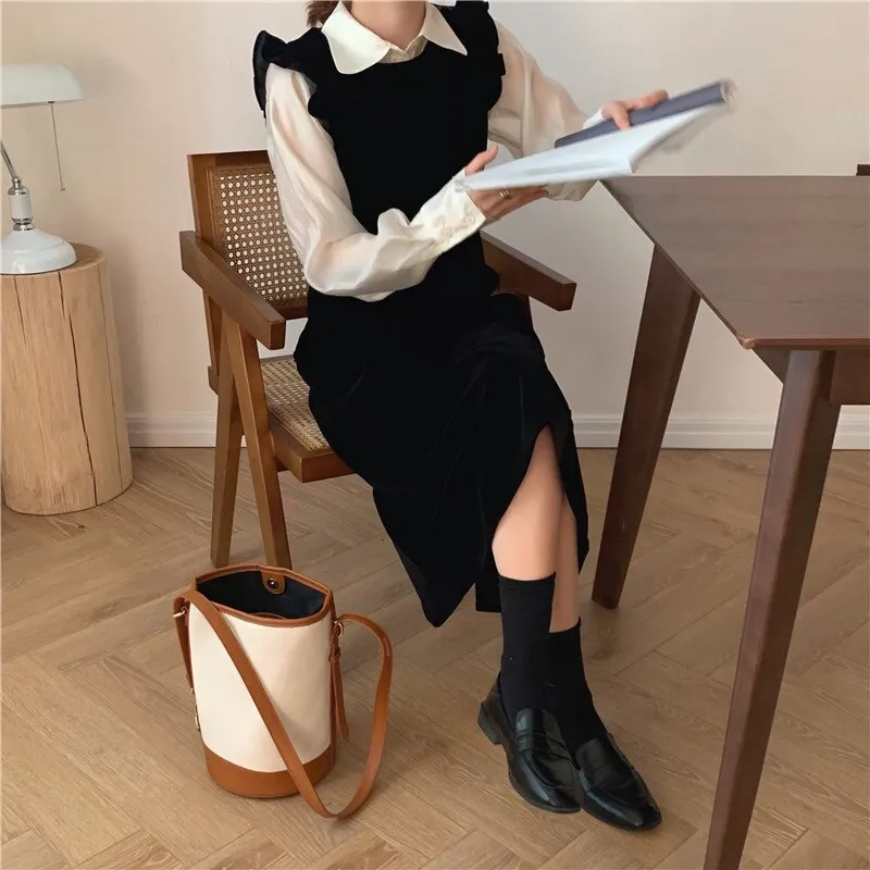 Joskaa 2024 New Women Spring Autumn Dresses Fashionable Elegant High Waist Vintage  Korean Style Velvet Sleeveless Long Dress