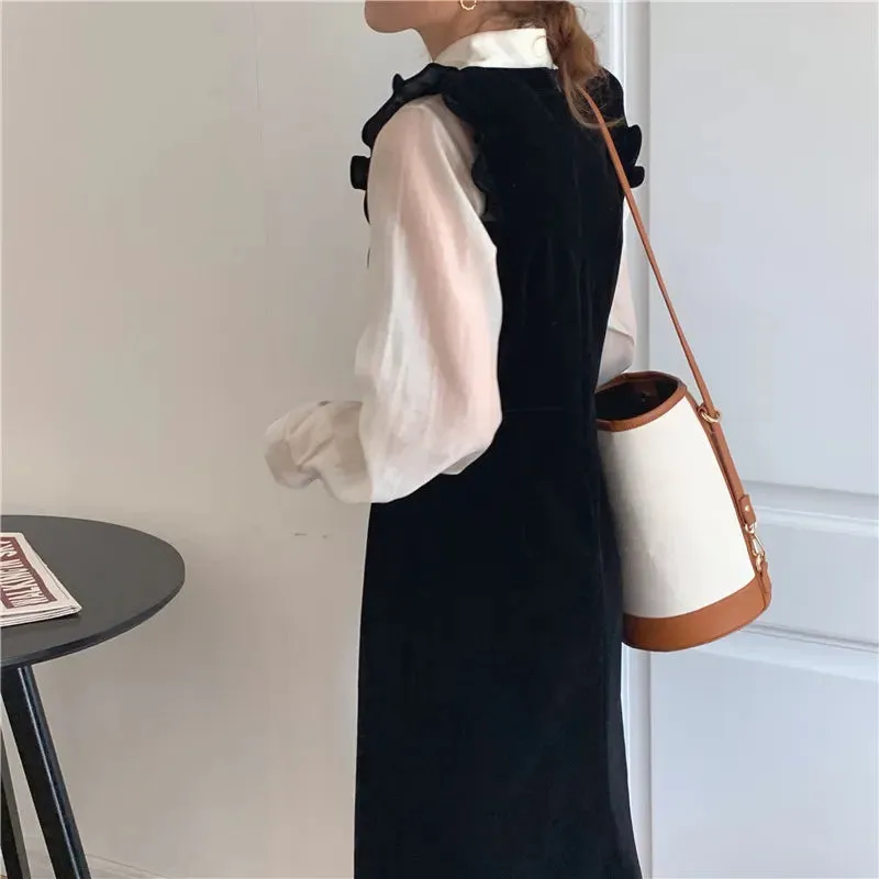 Joskaa 2024 New Women Spring Autumn Dresses Fashionable Elegant High Waist Vintage  Korean Style Velvet Sleeveless Long Dress