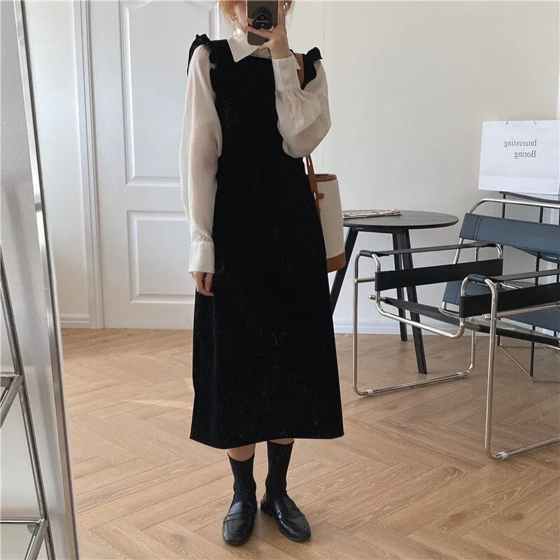 Joskaa 2024 New Women Spring Autumn Dresses Fashionable Elegant High Waist Vintage  Korean Style Velvet Sleeveless Long Dress