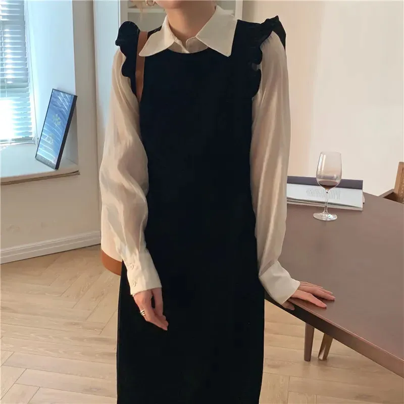 Joskaa 2024 New Women Spring Autumn Dresses Fashionable Elegant High Waist Vintage  Korean Style Velvet Sleeveless Long Dress