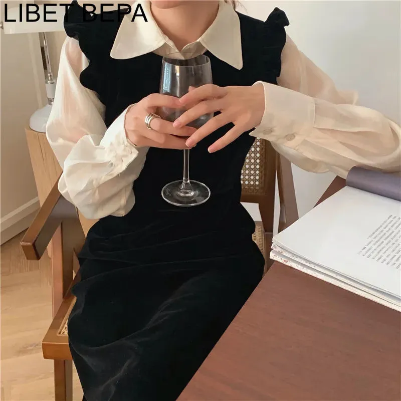 Joskaa 2024 New Women Spring Autumn Dresses Fashionable Elegant High Waist Vintage  Korean Style Velvet Sleeveless Long Dress