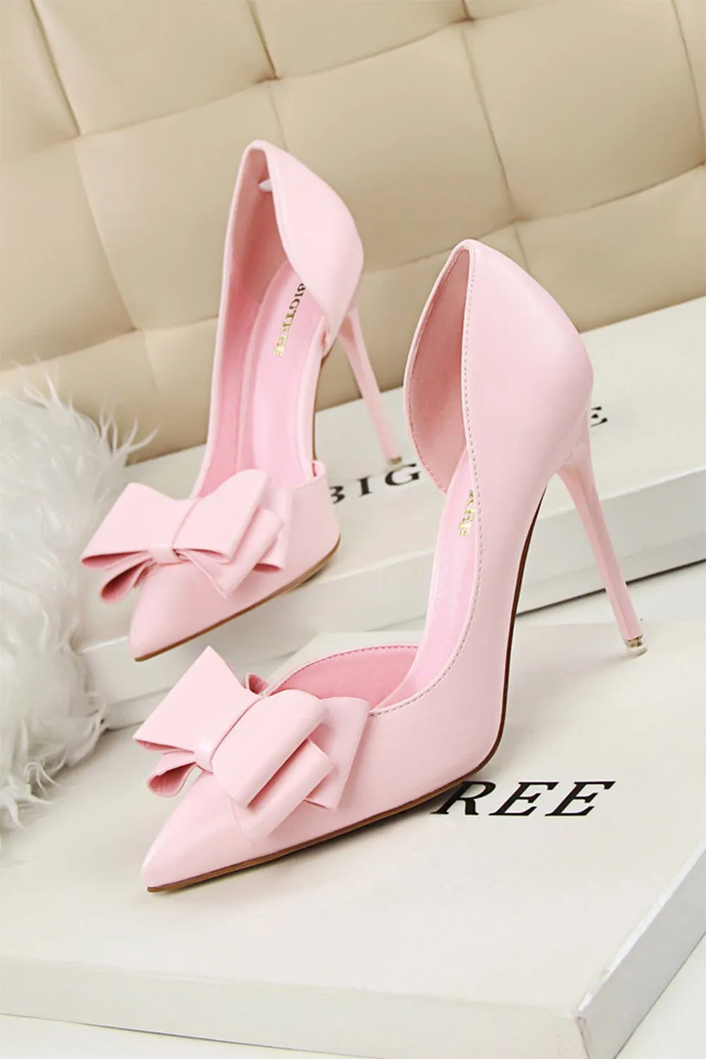 JOSKAA Woman Elegant high heel Sweet Bow Pointed Side Hollow High Heels