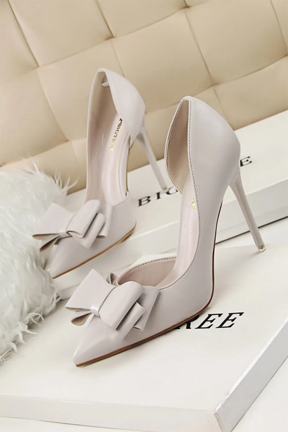 JOSKAA Woman Elegant high heel Sweet Bow Pointed Side Hollow High Heels