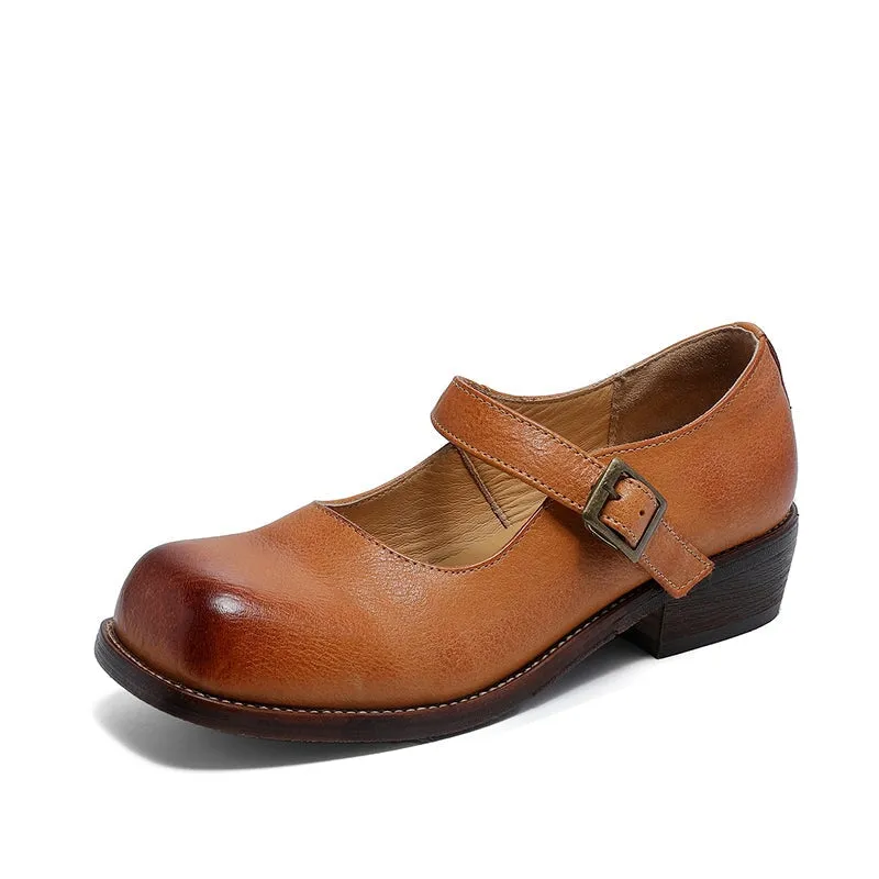 Leather Mary Jane Shoes 35mm Block Heel in Brown/Coffee