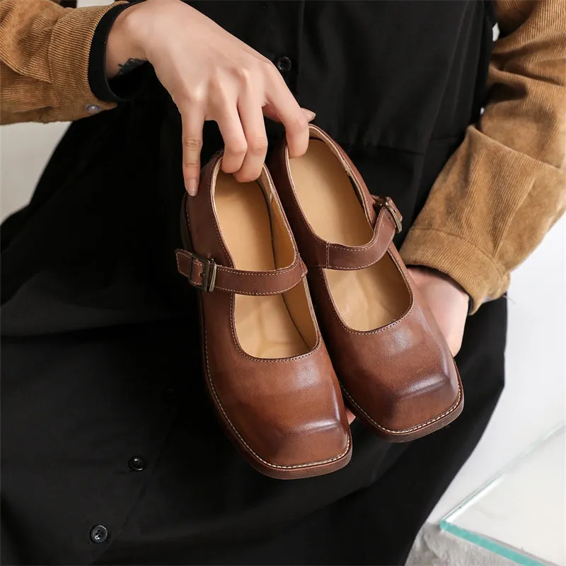 Leather Mary Jane Shoes 35mm Block Heel in Brown/Coffee