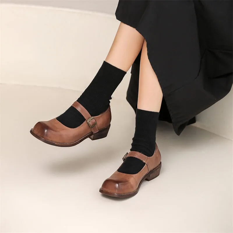 Leather Mary Jane Shoes 35mm Block Heel in Brown/Coffee