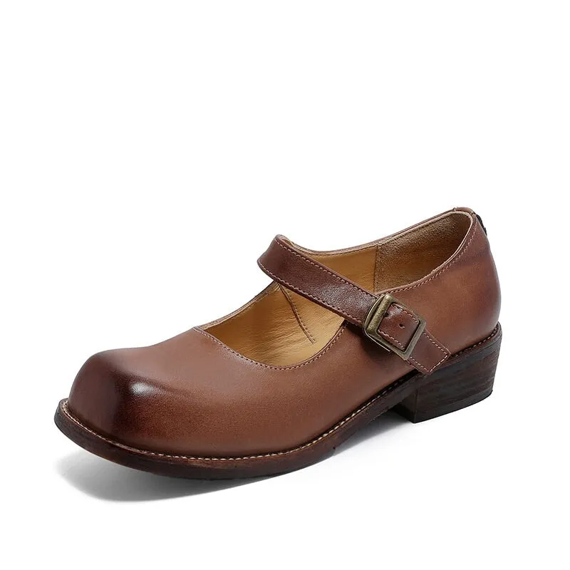 Leather Mary Jane Shoes 35mm Block Heel in Brown/Coffee