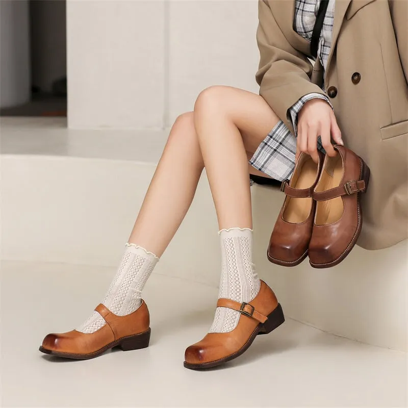 Leather Mary Jane Shoes 35mm Block Heel in Brown/Coffee