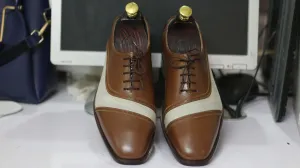 Men's Brown White Pure Leather Shoes, Handmade Men's Lace Up Style Shoes