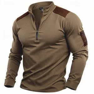 Men's Vintage Waffle Knit T-shirt Quarter Zip Stand Collar Normal Outdoor Causal Long Sleeve Patchwork Pocket Clothing