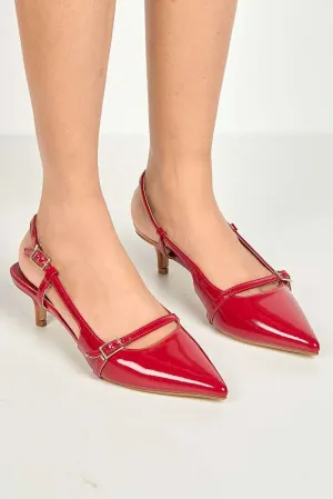 Moranna Buckle Strap Kitten Heel Court Shoes in Red