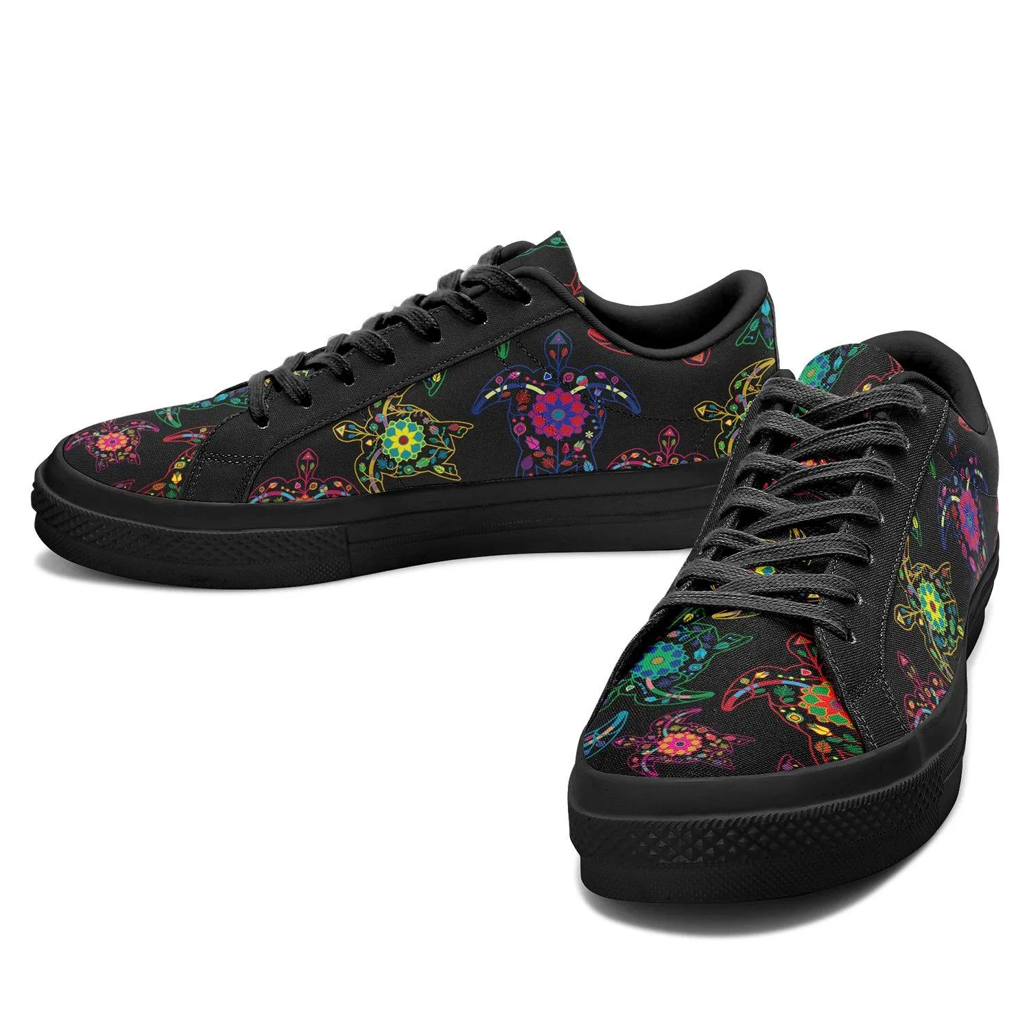 Neon Floral Turtles Aapisi Low Top Canvas Shoes Black Sole