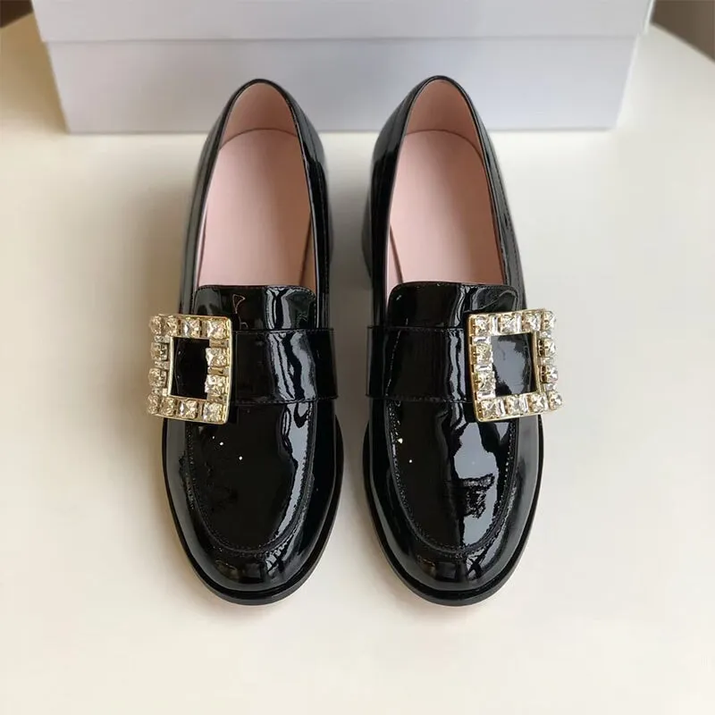 Patent Leather Loafers for Women with Dazzling Diamond in Black