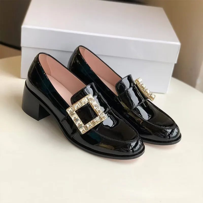 Patent Leather Loafers for Women with Dazzling Diamond in Black