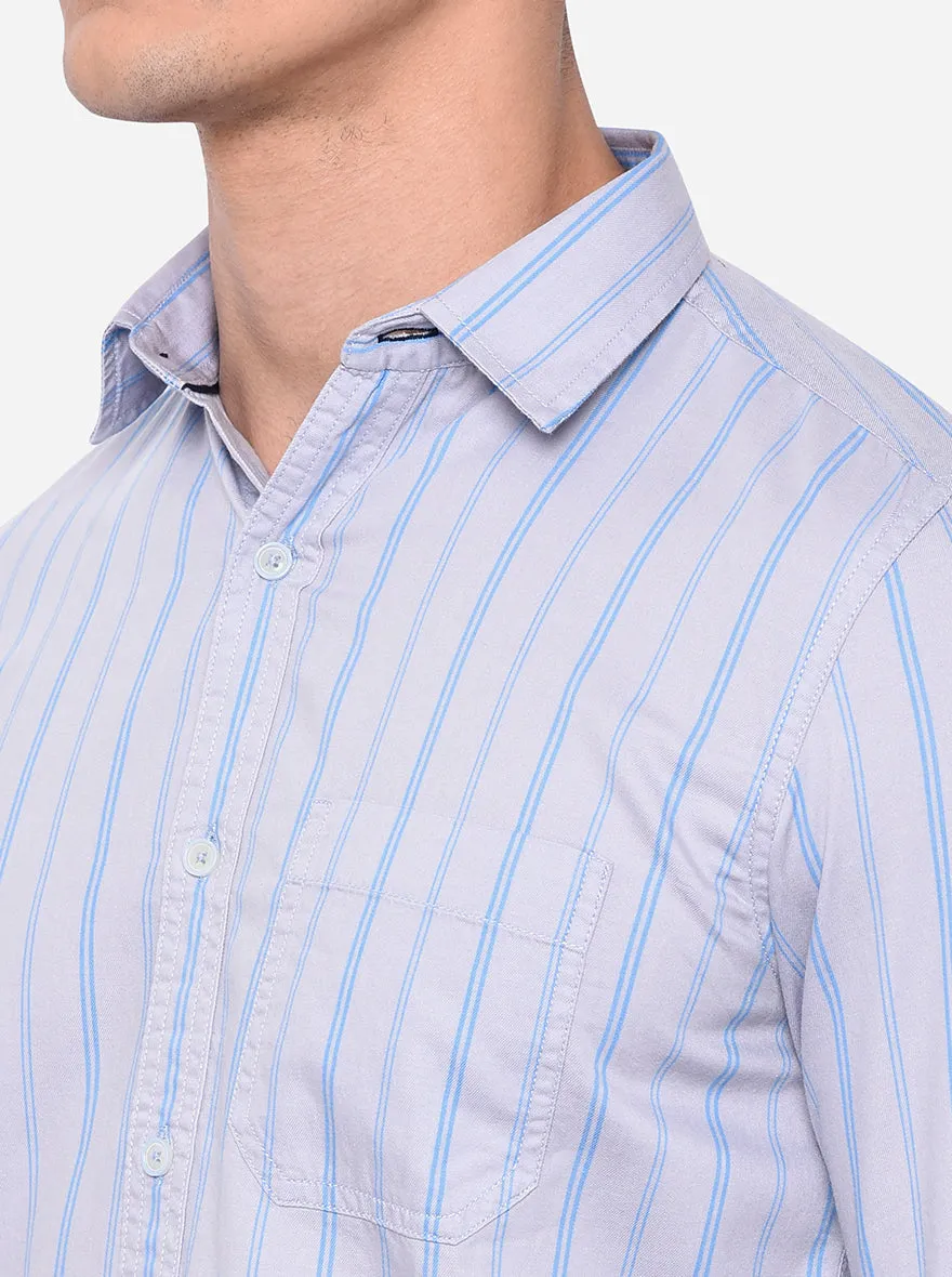 Pearl Blue Striped Slim Fit Semi Casual Shirt | JadeBlue