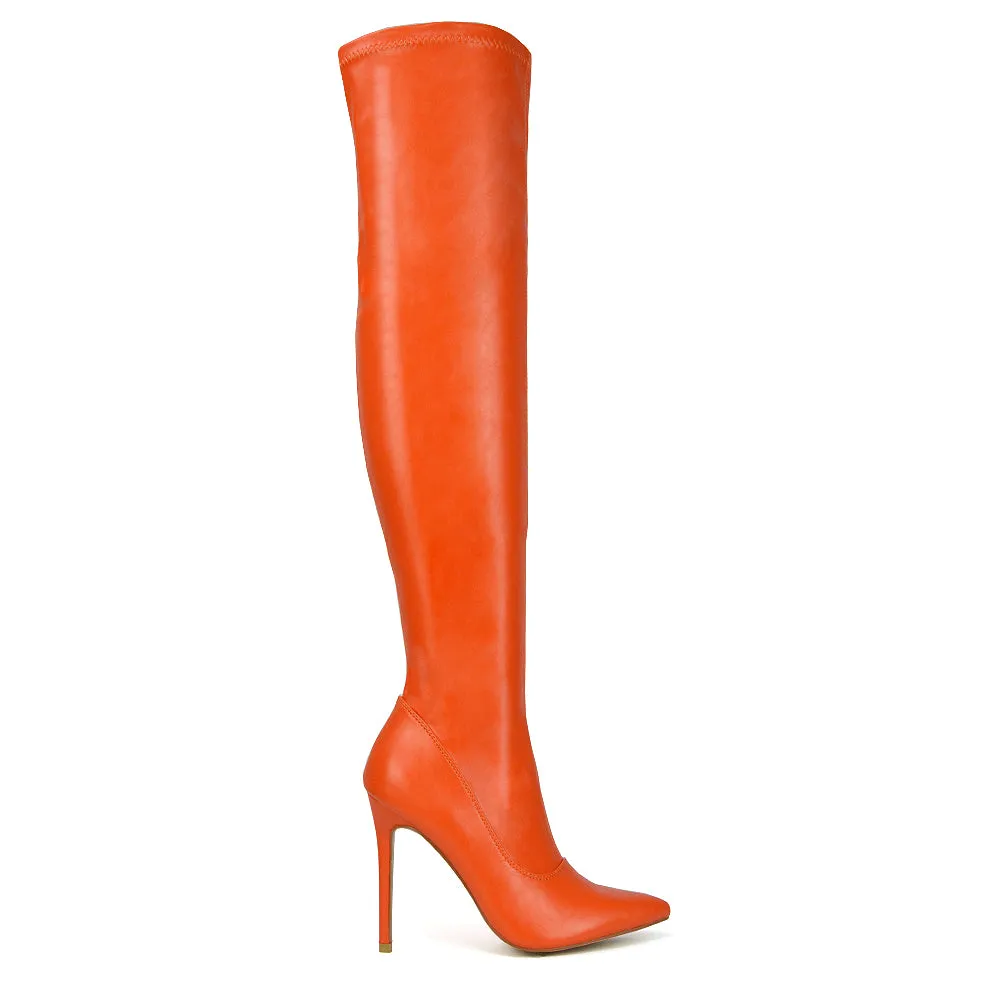 PIPER OVER THE KNEE ZIP UP THIGH HIGH STILETTO HEELED BOOTS IN ORANGE SYNTHETIC LEATHER