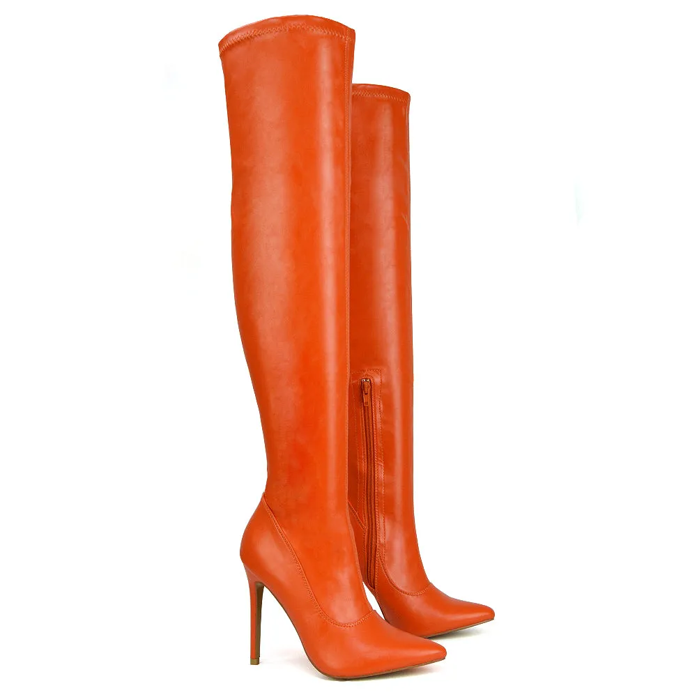 PIPER OVER THE KNEE ZIP UP THIGH HIGH STILETTO HEELED BOOTS IN ORANGE SYNTHETIC LEATHER