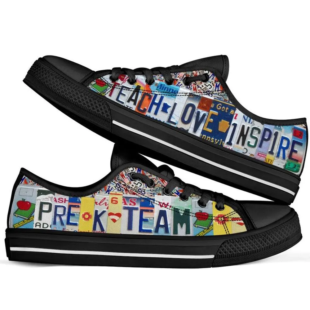 Pre K Team License Plates Low Top Black Shoes, Teacher Shoes, Low Top Sneakers